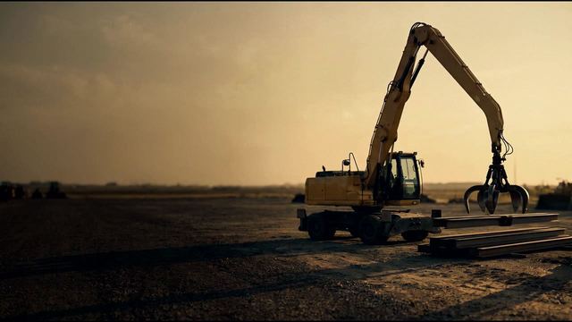 A wheeled material handler holding an orange peel style grapple above a stack of steel beams