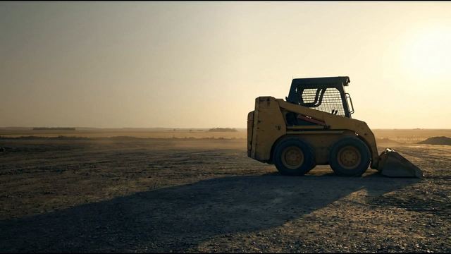 A wheeled skid steer with a bucket, seen side on, on a flat gravel lot with a low horizon
